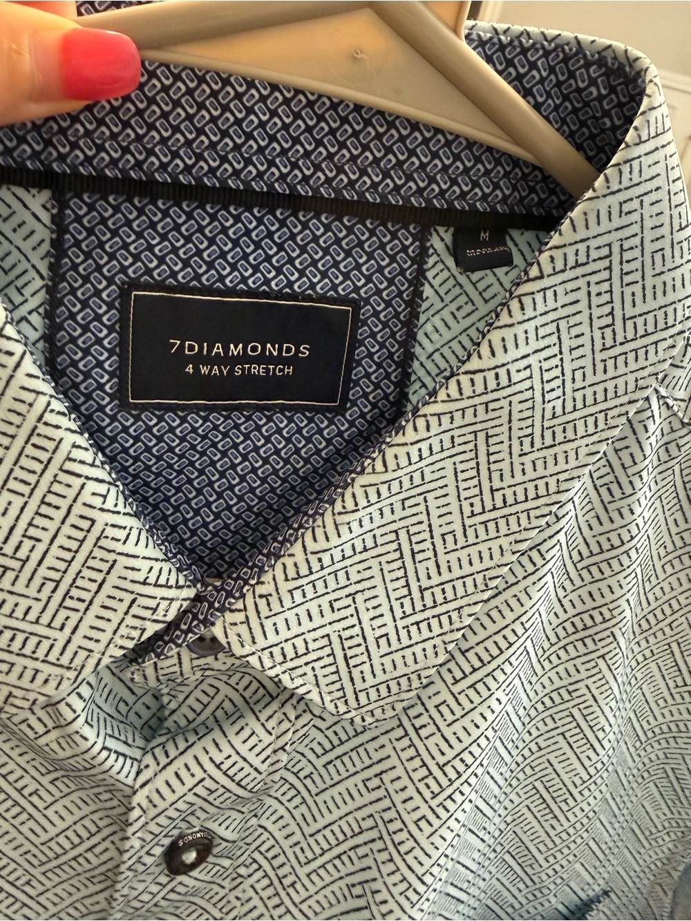 7 Diamonds Men's Light Blue and Navy Geometric Stretch Button-Down Shirt